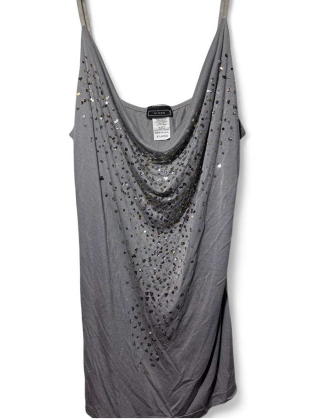 Star Vixen Gray Sequin Draped Cowl Neck Camisole